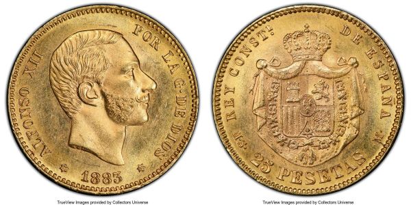Lot 32806 > Alfonso XII gold 25 Pesetas 1883(83) MS-M MS64 PCGS, Madrid mint, KM687. A clear outlier for this somewhat scarcer date, with the majority of known examples rarely entering into Mint State. 