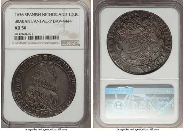 Lot 32807 > Brabant. Philip IV of Spain Ducaton 1636 AU50 NGC, Antwerp mint, KM56.1, Dav-4444, Delm-274. A charming and deeply captivating offering, currently the only example of this date certified by NGC. On the whole the coin displays a noteworthy glow, heightened by iridescence in the margins.