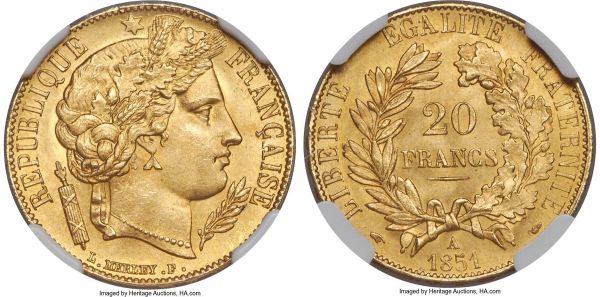 Lot 30281 > Republic gold 20 Francs 1851-A MS67 NGC, Paris mint, KM762, Fr-566. A practically flawless specimen with razor-sharp devices and delightful, harvest-gold surfaces. Highly attractive and currently tied for the finest certified example of this date.