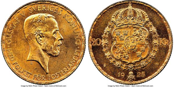 Lot 32814 > Gustaf V gold 20 Kronor 1925-W MS65 NGC, KM800. A satiny gem abounding with luster, rarely found in such pristine quality.