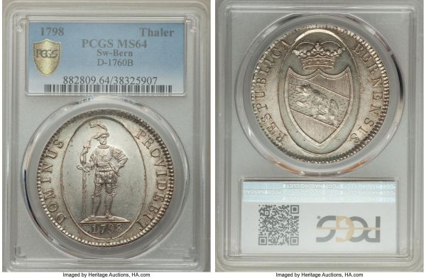Lot 32817 > Bern. City Taler 1798 MS64 PCGS, KM165, Dav-1760B. A silver-toned selection boasting watery fields and sharp detailing, the overall impact being that of commendable visual appeal. 