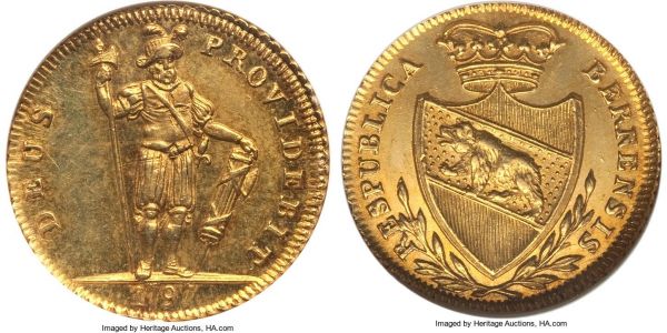 Lot 32818 > Bern. City gold 1/2 Duplone 1797 MS63 NGC, KM162, Fr-188, HMZ-2-216. Only a one-year type, shimmering with a Prooflike glimmer in the fields that is so emblematic of high-grade cantonal gold of the period. 
