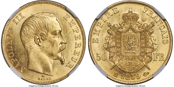Lot 30282 > Napoleon III gold 50 Francs 1859-BB MS64 NGC, Strasbourg mint, KM785.2, Fr-572, Gad-1111. Wholly brilliant, with immense cartwheel luster illuminating the surfaces upon inspection, highlighting devices rendered to the utmost precision. 