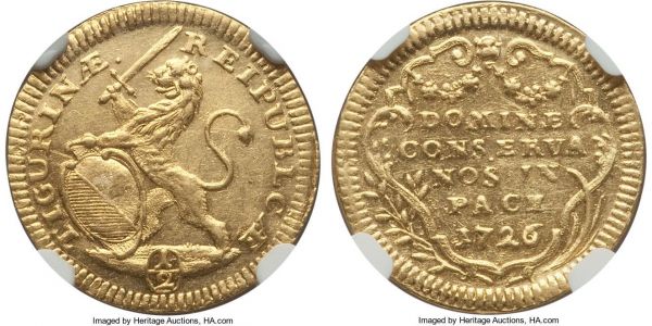 Lot 32821 > Zurich. Canton gold 1/2 Ducat 1726 MS62 NGC, KM139, Fr-487a, HMZ-2-1162p. A remarkable near-choice survivor of this very difficult date, tied with the Redwood Collection example we sold in 2016 for the finest certified. Shimmering with mint luster over both sides, without a trace of the usual waviness that plagues the type. 