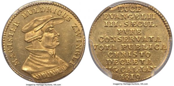 Lot 32822 > Zürich. Canton gold Ducat 1819 MS63 PCGS, Zürich mint, KM-XM2, HMZ-2-1171b. Struck upon the 300th anniversary of the Reformation, this type features Huldrych Zwingli, who was one of the primary leaders of the Reformation in Switzerland. Lightly toned with flashy fields offering an appealing cameo contrast. Ex. Law Collection