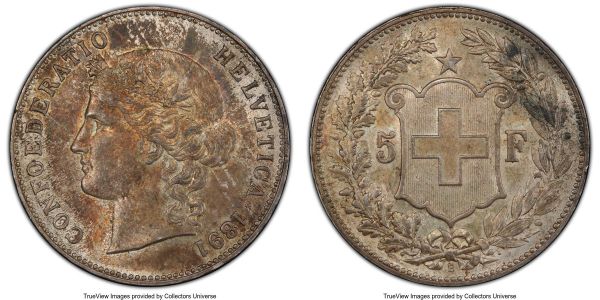 Lot 32826 > Confederation 5 Francs 1891-B MS63 PCGS, Bern mint, KM34. Very difficult at the choice level, with remarkably few certified finer. 