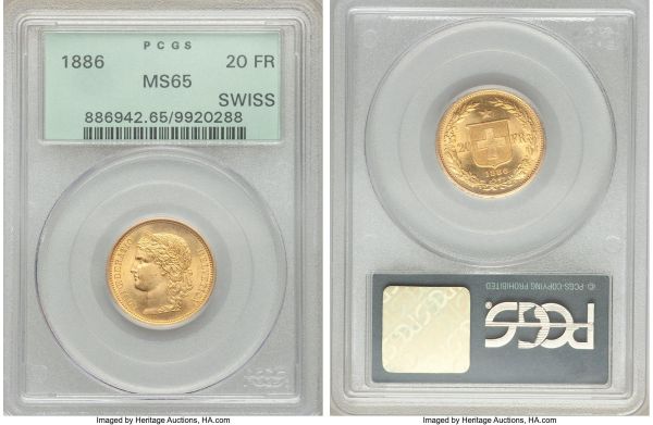 Lot 32827 > Confederation gold 20 Francs 1886 MS65 PCGS, Bern mint, KM31.3. A peak-graded specimen that remains unsurpassed at either NGC or PCGS out of over 200 pieces certified to-date. Virtually unblemished across silky fields that beam with sun-gold color. 