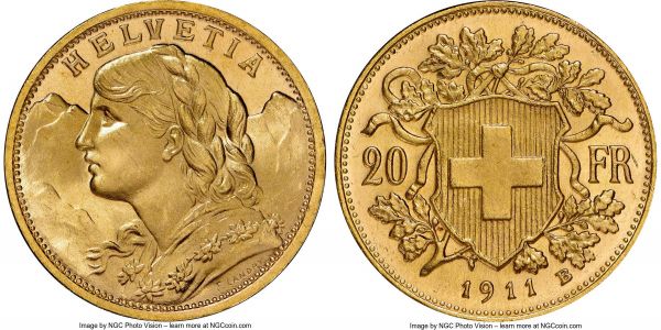 Lot 32828 > Confederation gold 20 Francs 1911-B MS66+ NGC, Bern mint, KM35.1. A very lofty grade for the type with a mildly Prooflike texture to the surfaces. 