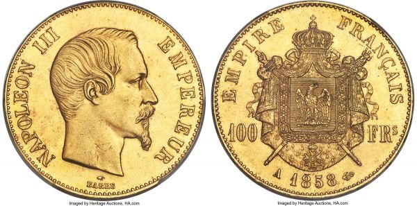 Lot 30283 > Napoleon III gold 100 Francs 1858-A MS62 PCGS, Paris mint, KM786.1, Gad-1135. Slightly glassy in the fields, with predominantly light instances of handling establishing the assigned grade. AGW 0.9334 oz. 
