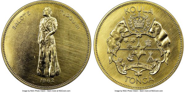 Lot 32836 > Queen Salote gold Koula 1962 MS63 NGC, KM3, Fr-1. An imposing gold issue featuring the standing figure of Queen Salote Tupou III opposite the Tongan coat of arms. AGW 0.9571 oz.