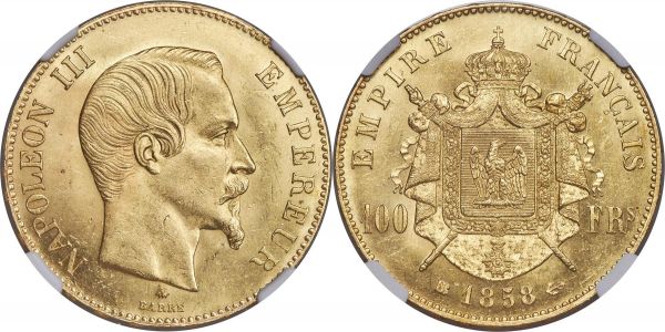 Lot 30284 > Napoleon III gold 100 Francs 1858-BB MS62 NGC, Strasbourg mint, KM786.2, Fr-570, Gad-1135. From a mintage of only 1,928 pieces. A scarce issue rarely found in Mint State condition, this piece is undeniably attractive, its surfaces graced by swirling luster and very lightly Prooflike fields.