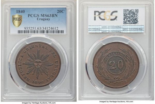 Lot 32840 > Republic 20 Centesimos 1840 MS63 Brown PCGS, Montevideo mint, KM2.1. Glossy brown, with a natural and well-kept appearance that places the example firmly at the upper end of quality normally seen for its type. 