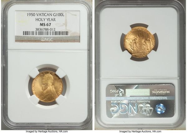 Lot 32841 > Pius XII gold 100 Lire MCML (1950) MS67 NGC, KM48. Opening of the Holy Year door issue. 
