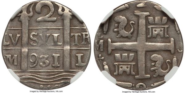 Lot 32842 > Santa Marta. Provisional Fantasy Cob 2 Reales (Macuquinas) 931 M-L XF Details (Edge Filing) NGC,  Santa Marta mint, KM-Unl. (cf. KM-C12 for Real), Stohr-Unl., OAV-Unl. (see note on pg. 24). 3.89gm. The rarest date of this puzzling provisional coinage produced during the Venezuelan War for Independence, with most scholars assigning the type to Viceroy Montalvo in Santa Marta c. 1813. Believed to have only survived in the low single digits--around 7 to 8 pieces--the present specimen represents a comparatively high-grade survivor, with the finest certified example being a mere AU50. Of enormous significance for the serious collector of early Venezuelan coinage, and only the fourth example that has come to auction in recent decades.