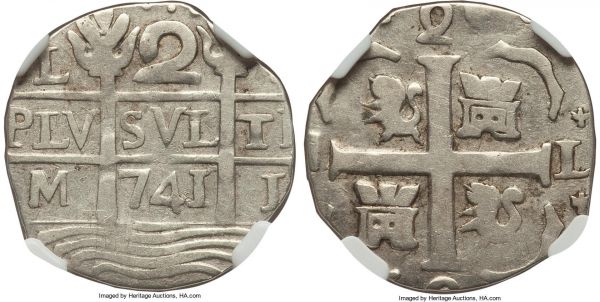 Lot 32843 > Caracas. Royalist and/or Republican Provisional Fantasy Cob 2 Reales (Macuquinas) 741 VF30 NGC, Caracas mint, KM-C13.1, OAV-2R-C.A.11. 4.75gm. A highly sought-after and very difficult type even in lower technical grades without any serious post-mint alteration. Very well centered on its characteristically undersized flan, the last example of this type we offered, a F12 by NGC, bringing nearly $1900 in our January 2013 sale 3022. 
