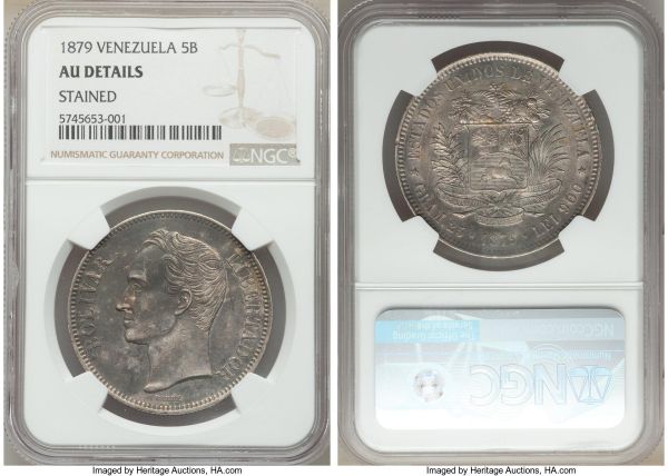 Lot 32845 > Republic 5 Bolivares 1879-(bb) AU Details (Stained) NGC, Brussels mint, KM-Y24.1, OAV-5B-A.1. Mintage: 250,000. The first and lowest mintage date for this short-lived type, and one which almost universally comes heavily circulated. Despite its details designation, we note that only a single piece has been awarded Mint State at NGC, with this being the first of the type we have offered. 