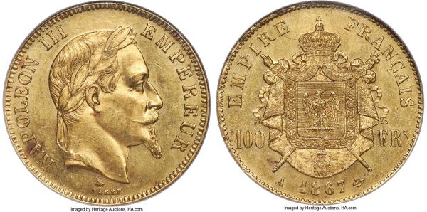 Lot 30285 > Napoleon III gold 100 Francs 1867-A MS61 NGC, Paris mint, KM802.1, Gad-1136. Mintage: 4,309. A glowingly lustrous selection displaying a consistently sharp strike to the obverse and reverse alike. 