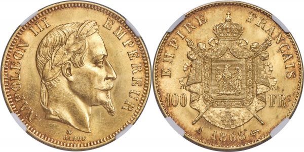 Lot 30286 > Napoleon III gold 100 Francs 1868-A MS63 NGC, Paris mint, KM802.1, Fr-580. From a mintage of only 2,315 pieces. An alluring example of this popular type, rarely found in such choice condition.