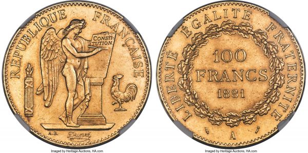 Lot 30287 > Republic gold 100 Francs 1881-A MS63 NGC, Paris mint, KM832, Fr-590, Gad-1137. A choice example of this ever-popular angelic type, solidly situated within its current grade and with less than a dozen examples graded finer by NGC. A smattering of contact marks do not detract from the captivating cartwheel luster and light obverse reflectivity.