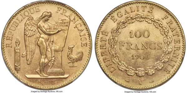 Lot 30288 > Republic gold 100 Francs 1906-A MS63 PCGS, Paris mint, KM832, Gad-1137. Choice for the type, with lightly toned surfaces boasting cartwheel luster and only minimal signs of contact and handling. AGW 0.9334 oz.