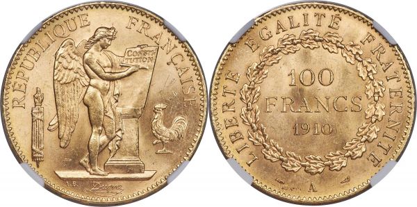 Lot 30289 > Republic gold 100 Francs 1910-A MS63 NGC, Paris mint, KM858, Fr-590. A choice example of this ever-popular angelic type, its surfaces free of the usual bagmarks and surface imperfections often found on similar examples. Only ten examples have been certified in higher grades by NGC.