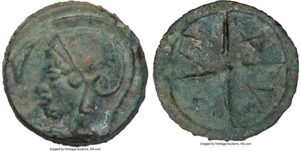 Lot 30029 > SCYTHIA. Olbia. Ca. 470-460 BC. AE large aes grave (70mm, 110.98 gm, 4h). VF. Head of Athena left, wearing Attic helmet; tailless dolphin with large eye and central spine upward to left / Π-A-Y-Σ, wheel with four spokes. Anokhin 164. SNG BM Black Sea -. cf. HGC 3, 1883 (medium aes grave).