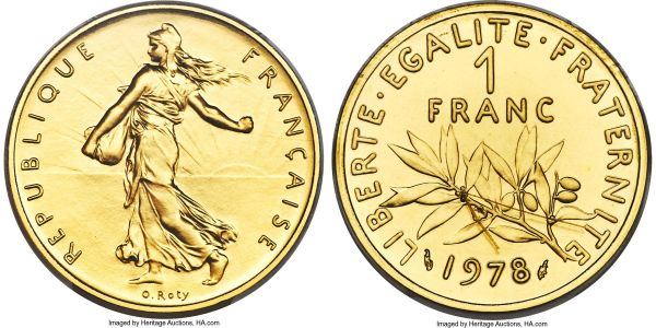 Lot 30290 > Republic gold Specimen Piefort Franc 1978 SP68 PCGS, Paris mint, KM-P610. Mintage: 142. A low-mintage Piefort issue, and doubtlessly one of the finer conditional survivors, certified in a state edging on flawless. 