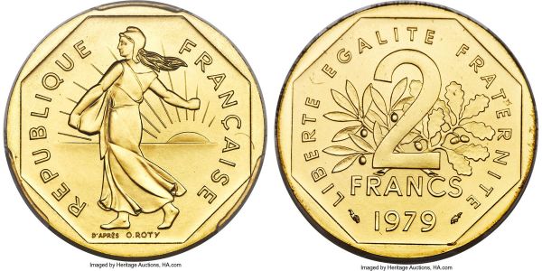 Lot 30291 > Republic gold Specimen Piefort 2 Francs 1979 SP67 PCGS, Paris mint, KM-P642. Mintage: 600. A quality representative of this lower mintage issue featuring the typically semi-lustrous surfaces for the type, the overall presentation coming near to an 