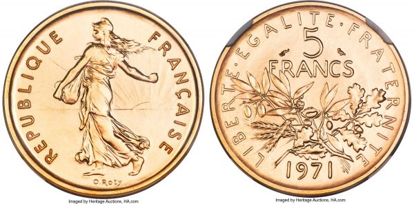 Lot 30292 > Republic gold Proof Piefort 5 Francs 1961 PR69 NGC, Paris mint, KM-P432. From a mintage of just 250 pieces, for all intents and purposes a perfect coin with shimmering satin luster across the entirety of the planchet. 