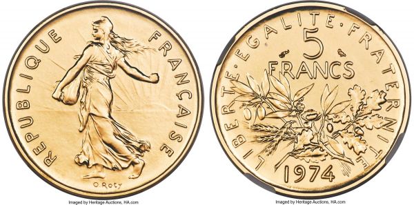 Lot 30293 > Republic gold Proof Piefort 5 Francs 1974 PR67 NGC, Paris mint, KM-P505. A sublime premium gem approaching the height of technical quality, its fields unbroken pools of shimmering luster with glossy devices. One of just 107 5 Franc pieforts struck in this year. 
