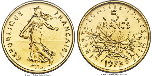 Lot 30294 > Republic gold Specimen Piefort 5 Francs 1979 SP69 PCGS, KM-P646. From a tiny mintage of only 300 pieces. A lovely gold Piefort depicting the classic Seed Sower design, scarcely seen as a type and especially so in such essentially flawless condition as this example demonstrates. Struck on smooth matte-like yet lightly reflective surfaces, lending a gentle softness to the already idyllic design.