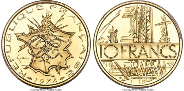 Lot 30295 > Republic gold Specimen Piefort 10 Francs 1974 SP69 PCGS, Paris mint, KM-P508. Mintage: 172. Bordering on perfection, with sharp devices and brightly mirrored fields. Currently the finest example seen by PCGS. 
