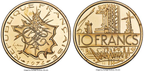 Lot 30296 > Republic gold Proof Piefort 10 Francs 1974 PR68 NGC, Paris mint, KM-P508. From a production run of 172, a flawless Piefort piece with an appealing cameo contrast achieved through the watery fields and matte texture of the devices. 