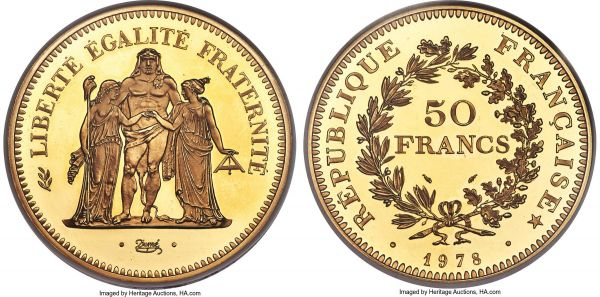 Lot 30297 > Republic gold Proof Piefort 50 Francs 1978 PR63 Ultra Cameo NGC, Paris mint, KM-P620. From a tiny mintage of only 149 pieces. A magnificent double-weight issue that invokes the classic motif of the Hercules group and reverse wreath design that appeared on 19th-century 5 Franc issues. This piece appears to be conservatively graded, as it exhibits only a few tiny hairline marks.