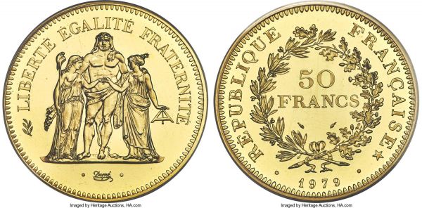Lot 30298 > Republic gold Specimen Piefort 50 Francs 1979 SP64 PCGS, Paris mint, KM-P651. Mintage: 4,000. A choice representative of this modern French rarity, widely sought as part of the larger Piefort series. 