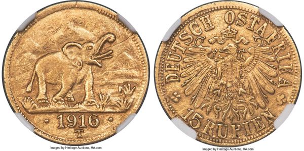Lot 30299 > German Colony. Wilhelm II gold 15 Rupien 1916-T MS61 NGC, Tabora mint, KM16.2, Fr-1. Arabesque below the 