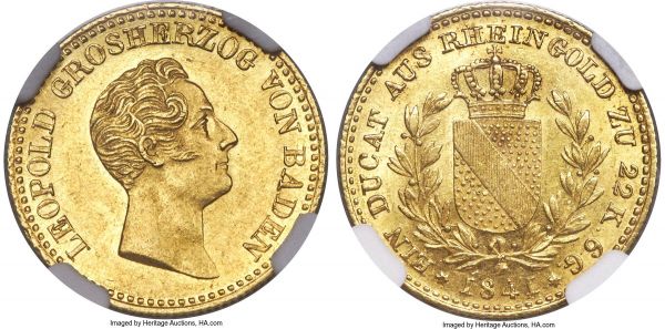 Lot 30301 > Baden. Leopold I gold Ducat 1841 MS61 NGC, KM208, Fr-152. Mintage: 2,145. A scarcer, low-mintage issue that sees bright yellow-gold surfaces coupled with shimmering obverse and reverse luster. Sold with old collector's tag. 