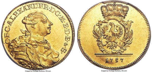 Lot 30302 > Brandenburg-Ansbach. Christian Friedrich Karl Alexander gold Ducat 1757 UNC Details (Cleaned) PCGS, KM242, Fr-356. A bright example of this particularly elusive issue featuring the regal curled bust of Christian Friedrich Karl Alexander, the surfaces retaining a relatively high degree of their original brilliance despite the noted cleaning, which has left fine hairlines and, fortunately, no deeper surface damage. Sharply outlined along the borders of the devices, with a few adjustments noted to both sides for accuracy only. For the collector of the German States series, a very scarce opportunity to acquire an example of the type, rarely seen on auction outside of Germany. 