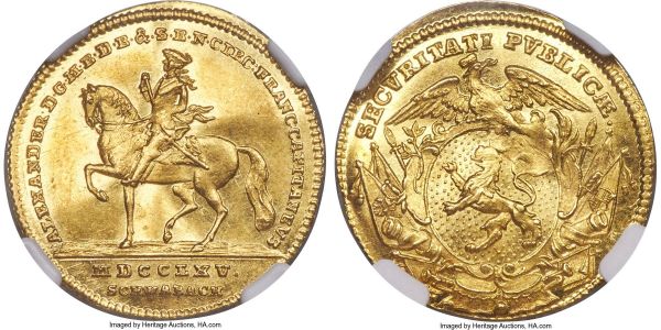 Lot 30303 > Brandenburg-Ansbach. Christian Friedrich Karl Alexander gold Ducat 1765 MS61 NGC, KM271, Fr-361. Brilliant and struck on a gently crinkled sun-yellow flan, the surfaces absent any larger marks or distractions of note. A pleasure to behold in this condition, and conditionally scarce. Sold with old collector's tag.
