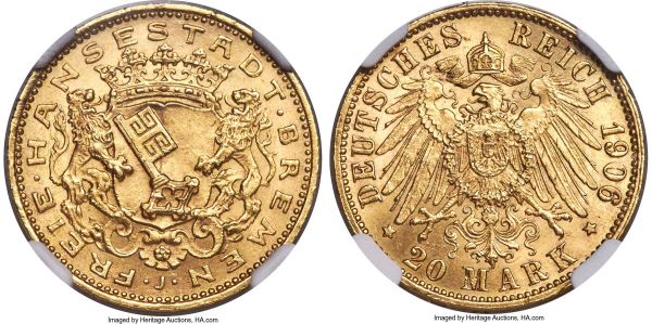 Lot 30304 > Bremen. Free City gold 20 Mark 1906-J MS66 NGC, Hamburg mint, KM252. Conditionally superior for the type, and infrequently found approaching as-struck preservation, the combined sharpness of the strike and satiny brilliance confirming in every respect the high-tier quality implied by the assigned grade. 