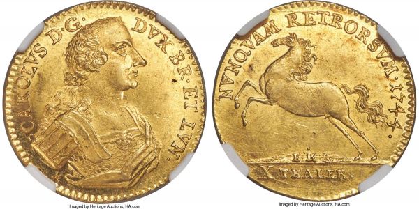 Lot 30306 > Brunswick-Wolfenbüttel. Karl I gold 10 Taler 1744 EK-M MS62+ NGC, KM917, Fr-713. 13.36gm. Occurrences of high-quality gold multiple talers from the 18th century remain relatively rare, and the present offering is certainly no exception, showcasing free-flowing golden luster that cascades over the surfaces amidst strong detail, unworn throughout the many years since its production. Struck just slightly off-center on the reverse, though with full legends and detail expressed within the boundaries of the flan.