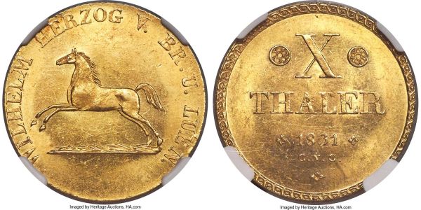 Lot 30307 > Brunswick-Wolfenbüttel. Wilhelm gold 10 Taler 1831-CvC MS63+ NGC, KM1121, Fr-744. A fully brilliant example displaying a prominent cartwheel effect, the surfaces surprisingly clear of any singularly significant instances of handling, sufficiently so to earn it a choice 