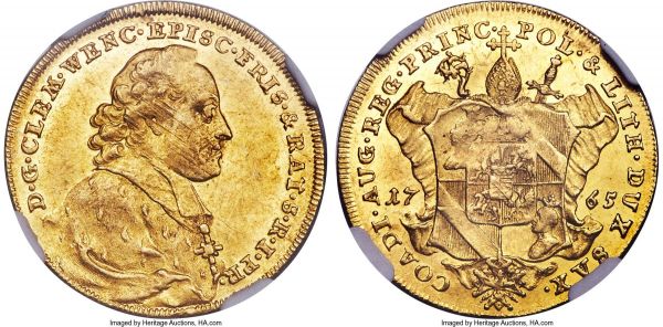 Lot 30309 > Freising. Clemens Wenzel gold Ducat 1765 AU58 NGC, Munich mint, KM30, Fr-1032. A very scarce type struck under Bishop Clemens Wenzel (Wenceslaus), son of the Polish king and Saxon elector, August III. The legends spell out Clemens' full title as Bishop of Freising and Regensburg, Imperial Prince, Coadjutor of Augsburg, Royal Prince of Poland and Lithuania, and Duke of Saxony. Due to the Bishop's connection to Saxony and Poland the type remains in demand by collectors of both of these two entities, displaying further allure in a specific sense as a wholly well-kept example of the type retaining lustrous fields, near-full detail, and considerable visual charm. Sold with old collector's tag. 