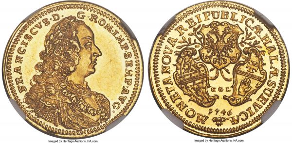 Lot 30310 > Hall. Free City gold Ducat 1746 PPW-CGL MS62 Prooflike NGC, KM35, Fr-1082. With the name and titles of Franz I. A wonderfully crafted ducat issue replete with an alluring intricacy of design, those elements surrounded by fully Prooflike fields of a distinctly mirrored quality. A fine example of 18th century gold coinage, and a coin that is sure to serve as a point of pride in its future owner's cabinet. Sold with old collector's tag.