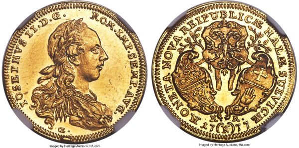 Lot 30311 > Hall. Free City gold Ducat 1777 OE-K-R UNC Details (Edge Filing) NGC, Nürnberg mint, KM49, Fr-1083. Mintage: 402. With the name and titles of Joseph II. A difficult gold ducat issue whose mintage numbered well under 500 examples, ensuring future collector interest. The type features the ornate three-shield design on the reverse, the surfaces remaining decidedly reflective and the noted edge filing, while present, having seemingly little bearing on visual appeal. Sold with old collector's tag. 