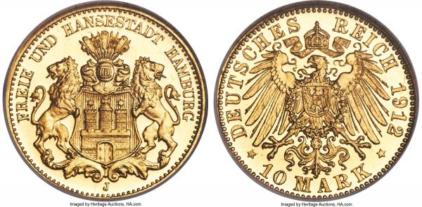 Lot 30313 > Hamburg. Free City gold Proof 10 Mark 1912-J PR66 Cameo NGC, Hamburg mint, KM608, Fr-3781. An elite specimen offering deeply mirrored fields juxtaposed with satiny devices to lend an unmistakable cameo contrast. Only rarely found finer, and thus a clear opportunity for the conditionally conscious collector.