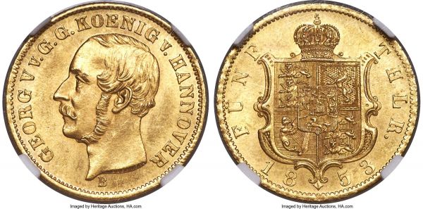 Lot 30314 > Hannover. Georg V gold 5 Taler 1853-B MS65 NGC, Hannover mint, KM224, Fr-1180. Wholly impressive, a distinctive brilliance surrounding the central features and enhancing the sharp detail which expresses itself to pinpoint accuracy in even the most minute features of the reverse. The finest example of this date seen by NGC. Sold with old collector's tag. 