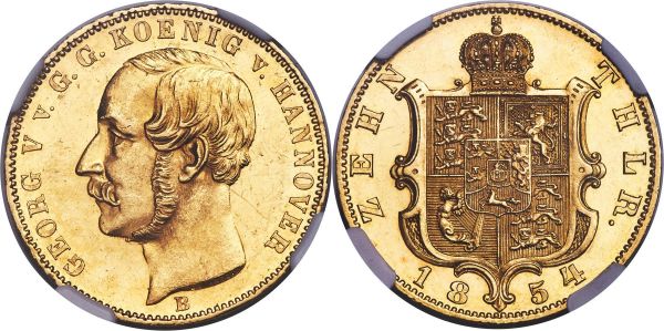 Lot 30315 > Hannover. Georg V gold 10 Taler 1854-B MS61 NGC, Hannover mint, KM226, Fr-1179, J-132. Shimmering luster pervades over bright golden fields, these surrounding uniformly sharp central features lacking any weakness. An elusive issue infrequently found in any quality, much less in covetable uncirculated condition. 