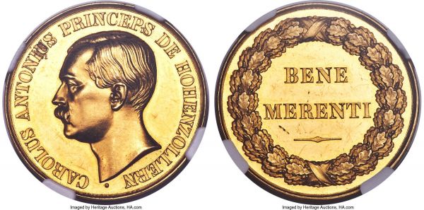 Lot 30316 > Hohenzollern-Sigmaringen. Karl Anton gold Culture Award Medal of 6 Ducats ND (1857) MS62 NGC, Sommer-K136. 30mm. 20.82gm. By W. Kullrich. 
