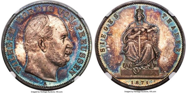 Lot 30318 > Prussia. Wilhelm I Proof Taler 1871-A PR66 Cameo NGC, Berlin mint, KM500. A rare Proof, vibrantly toned with hues of violet, cobalt, and sea green. Proof German coinage from this era has little in the way of contemporary documentation regarding mintage figures and other details, and there is often much controversy over the designation of 